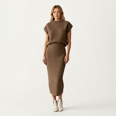 Women's Ribbed Knit Sleeveless Top and Matching High Waist Midi Skirt Set with Soft Textured Finish