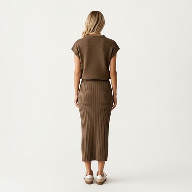 Women's Ribbed Knit Sleeveless Top and Matching High Waist Midi Skirt Set with Soft Textured Finish