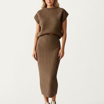 Women's Ribbed Knit Sleeveless Top and Matching High Waist Midi Skirt Set with Soft Textured Finish