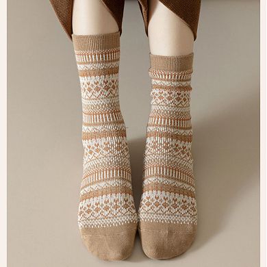 Women's 5-Pair Vintage Patterned Crew Socks Gift Set with Soft Knit Fabric