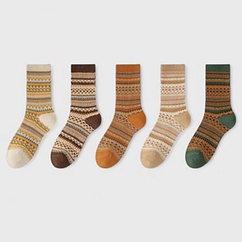 Women's 5-Pair Vintage Patterned Crew Socks Gift Set with Soft Knit Fabric