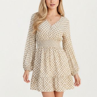 Women's Printed Long Sleeve Mini Dress with Smocked Waist Soft Lightweight Fabric V-Neckline