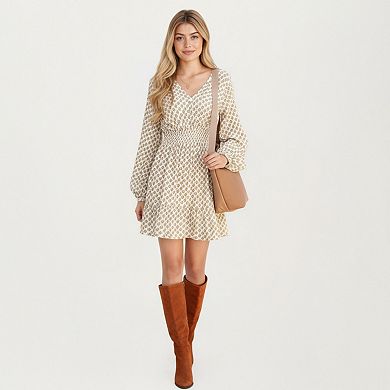 Women's Printed Long Sleeve Mini Dress with Smocked Waist Soft Lightweight Fabric V-Neckline