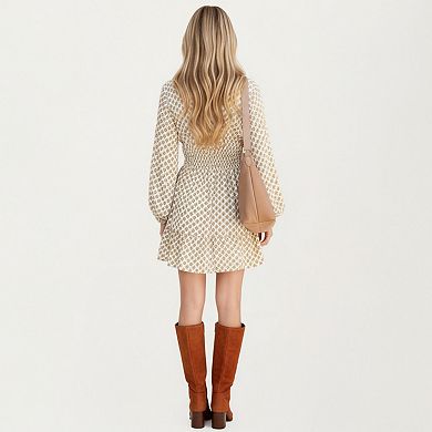 Women's Printed Long Sleeve Mini Dress with Smocked Waist Soft Lightweight Fabric V-Neckline