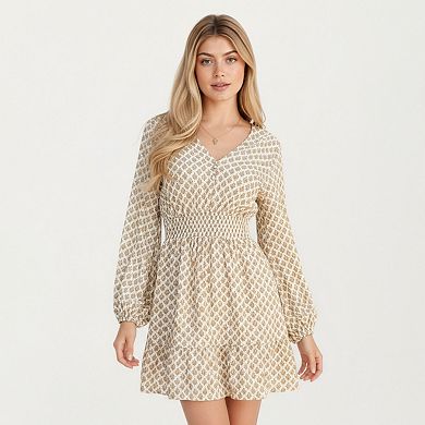 Women's Printed Long Sleeve Mini Dress with Smocked Waist Soft Lightweight Fabric V-Neckline