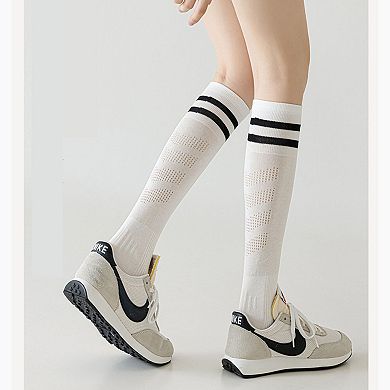 2-Pair Knee-High Athletic Compression Socks with Breathable Mesh and Stripe Design