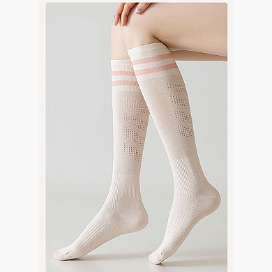 2-Pair Knee-High Athletic Compression Socks with Breathable Mesh and Stripe Design