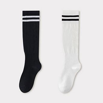 2-Pair Knee-High Athletic Compression Socks with Breathable Mesh and Stripe Design