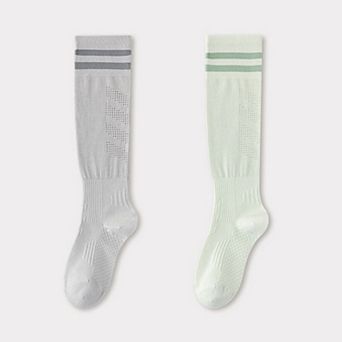 2-Pair Knee-High Athletic Compression Socks with Breathable Mesh and Stripe Design