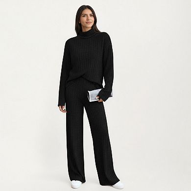 Women's Ribbed Knit Relaxed Fit 2-Piece Set with High Neck Top Stretch Fabric and Wide Leg Pants