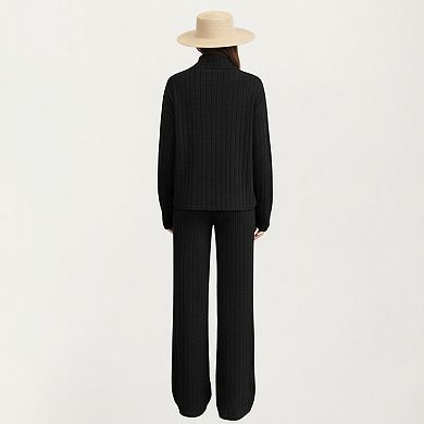 Women's Ribbed Knit Relaxed Fit 2-Piece Set with High Neck Top Stretch Fabric and Wide Leg Pants