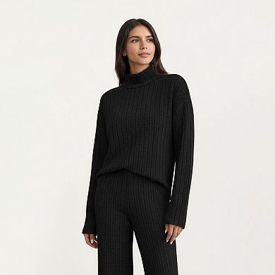 Women's Ribbed Knit Relaxed Fit 2-Piece Set with High Neck Top Stretch Fabric and Wide Leg Pants