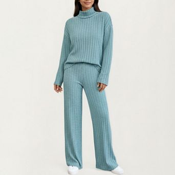 Women's Ribbed Knit Relaxed Fit 2 pc Set with High Neck Top Stretch Fabric and Wide Leg Pants