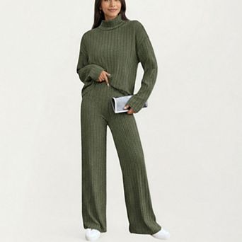 Women's Ribbed Knit Relaxed Fit 2 pc Set with High Neck Top Stretch Fabric and Wide Leg Pants