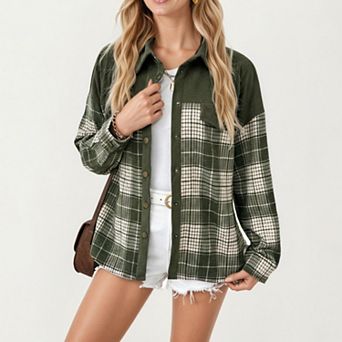 Women's Plaid Button Down Shirt Jacket with Chest Pocket Soft Textured Woven Fabric