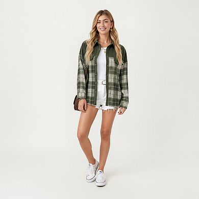 Women's Plaid Button Down Shirt Jacket with Chest Pocket Soft Textured Woven Fabric
