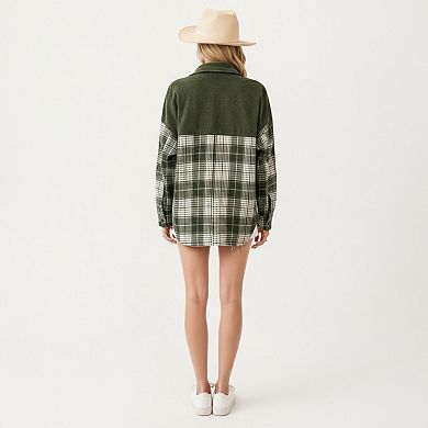 Women's Plaid Button Down Shirt Jacket with Chest Pocket Soft Textured Woven Fabric