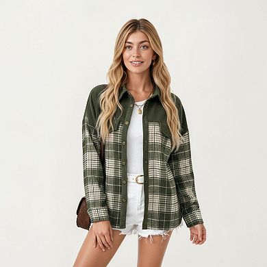 Women's Plaid Button Down Shirt Jacket with Chest Pocket Soft Textured Woven Fabric