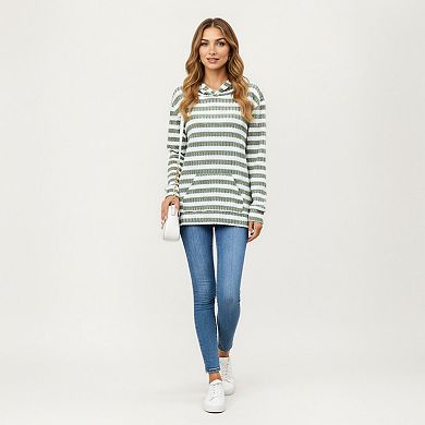 Women's Striped Ribbed Knit Hoodie Top with Soft Textured Fabric Long Sleeves