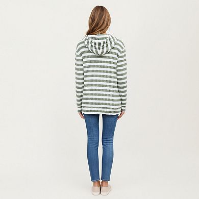 Women's Striped Ribbed Knit Hoodie Top with Soft Textured Fabric Long Sleeves