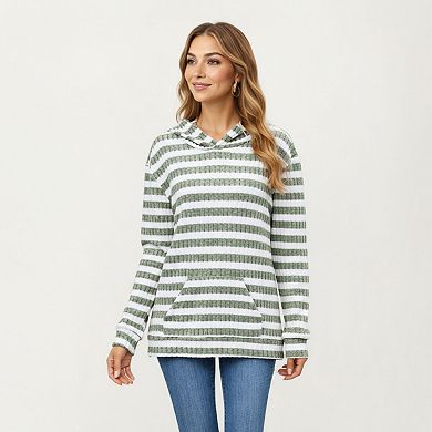 Women's Striped Ribbed Knit Hoodie Top with Soft Textured Fabric Long Sleeves