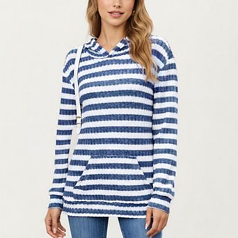 Women's Striped Ribbed Knit Hoodie Top with Soft Textured Fabric Long Sleeves