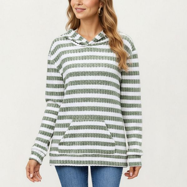 Women's Striped Ribbed Knit Hoodie Top with Soft Textured Fabric