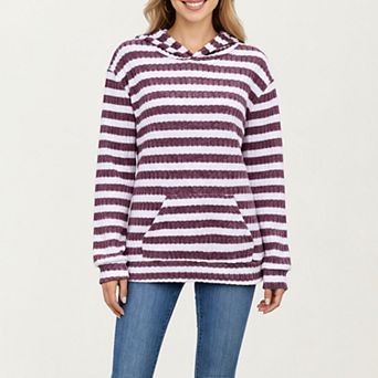 Women's Striped Ribbed Knit Hoodie Top with Soft Textured Fabric Long Sleeves