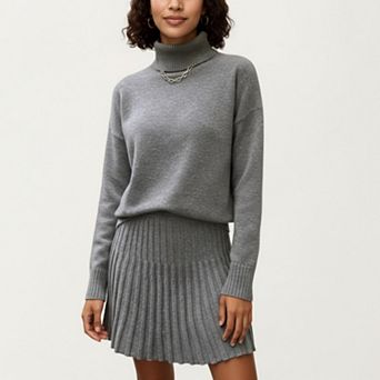 Women's Knit Set with Ribbed Texture High Neck Top and Stretch Waist Flared Hem Skirt