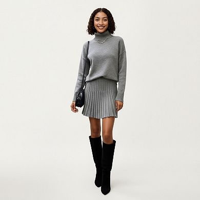 Women's Knit Set with Ribbed Texture High Neck Top and Stretch Waist Flared Hem Skirt