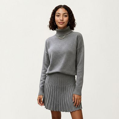 Women's Knit Set with Ribbed Texture High Neck Top and Stretch Waist Flared Hem Skirt