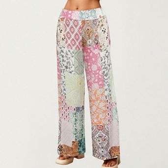 Women's Patchwork Print Wide Leg Pants with Soft Flowing Drape Comfortable Stretch Waist