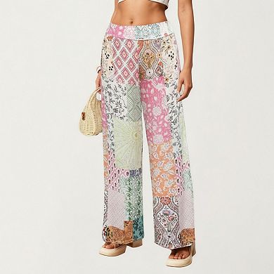 Women's Patchwork Print Wide Leg Pants with Soft Flowing Drape Comfortable Stretch Waist