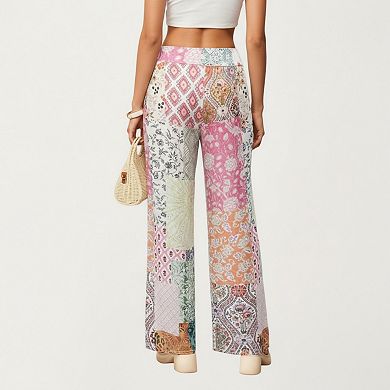 Women's Patchwork Print Wide Leg Pants with Soft Flowing Drape Comfortable Stretch Waist