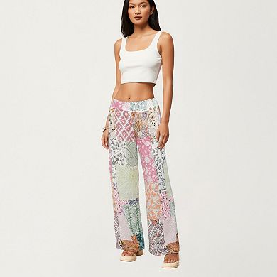 Women's Patchwork Print Wide Leg Pants with Soft Flowing Drape Comfortable Stretch Waist