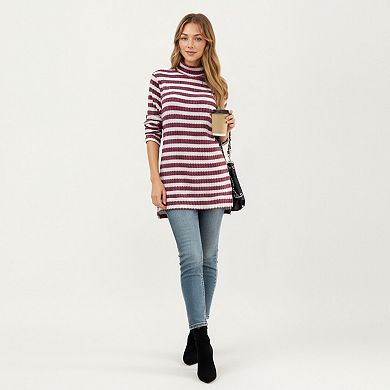 Women's Ribbed Turtleneck Pullover Top with Soft Textured Striped Knit Long Sleeves