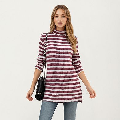 Women's Ribbed Turtleneck Pullover Top with Soft Textured Striped Knit Long Sleeves