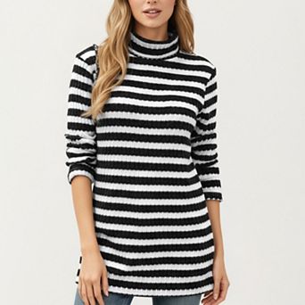 Women's Ribbed Turtleneck Pullover Top with Soft Textured Striped Knit Long Sleeves