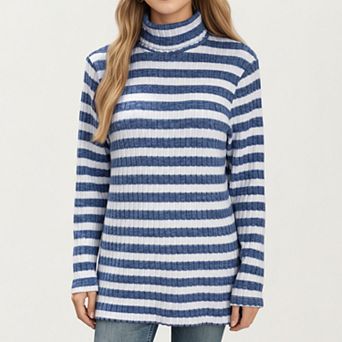 Women's Ribbed Turtleneck Pullover Top with Soft Textured Striped Knit Long Sleeves