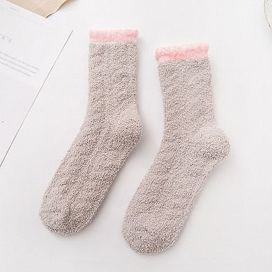 4-Pair Plush Cozy Fuzzy Socks with Contrast Cuffs for Winter Indoor Warmth