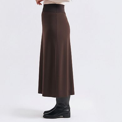 Women's Maternity High Waist Stretch Knit Midi Skirt with Smooth Flattering Soft Draped Silhouette