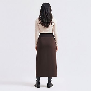 Women's Maternity High Waist Stretch Knit Midi Skirt with Smooth Flattering Soft Draped Silhouette
