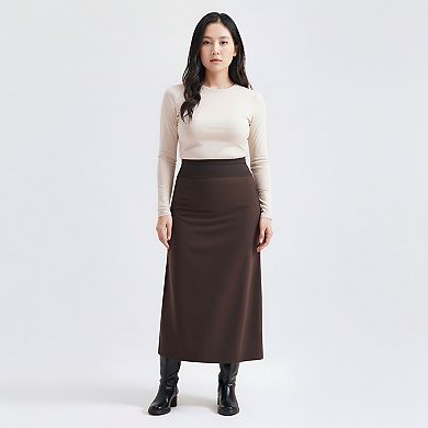 Women's Maternity High Waist Stretch Knit Midi Skirt with Smooth Flattering Soft Draped Silhouette