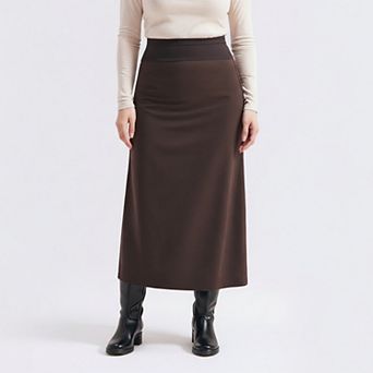 Women's Maternity High Waist Stretch Knit Midi Skirt with Smooth Flattering Soft Draped Silhouette