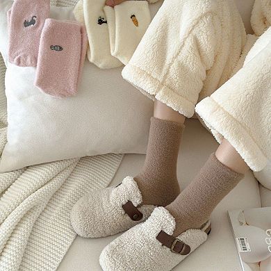 Women's 3-Pair Fuzzy Crew Sock Set with Cute Embroidery