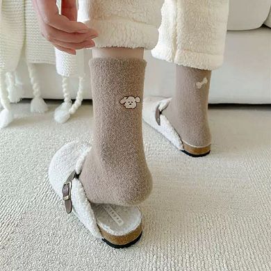 Women's 3-Pair Fuzzy Crew Sock Set with Cute Embroidery