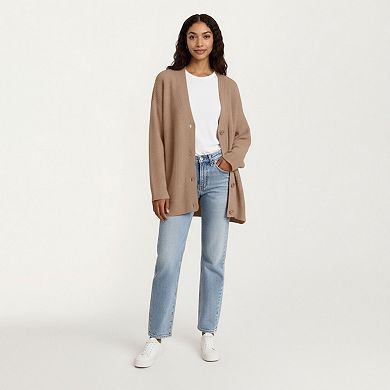 Women's Oversized Rib Knit Button Front Cardigan with Relaxed Drop-Shoulder Silhouette
