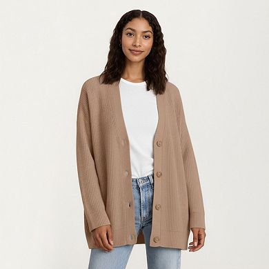 Women's Oversized Rib Knit Button Front Cardigan with Relaxed Drop-Shoulder Silhouette