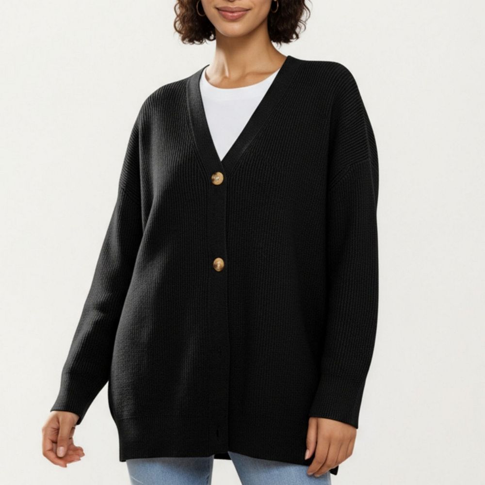 Perfee Striped Rib-Knit Drop Shoulder Open Front Cardigan main image 1