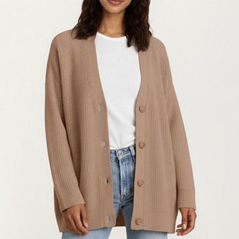 Women's Oversized Rib Knit Button Front Cardigan with Relaxed Drop-Shoulder Silhouette